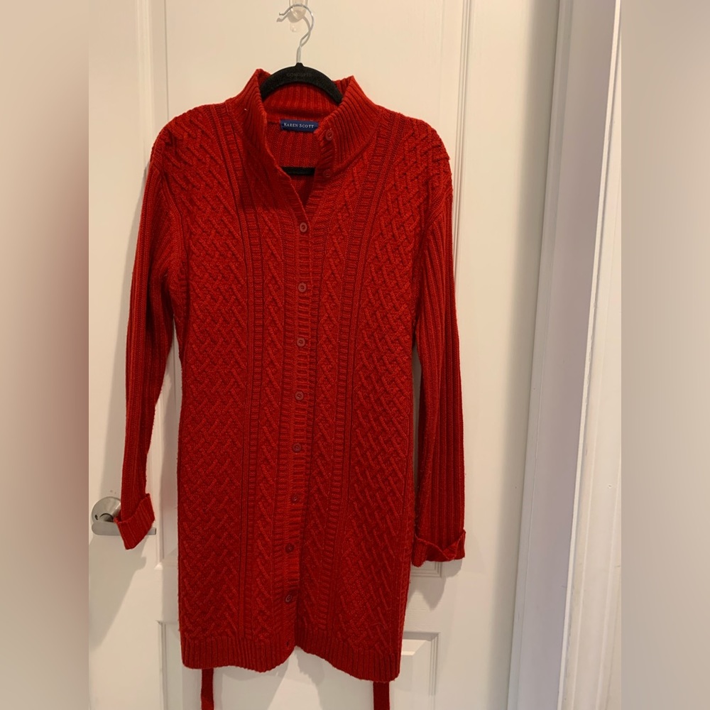 Karen Scott Size Small Red Cable Knit Long Button Down Tie Sweater Valentines